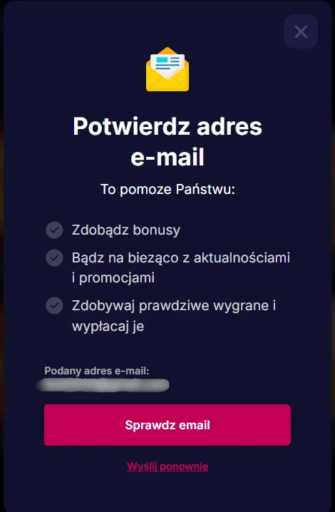 NV Casino - komunikat "potwierdź adres email"